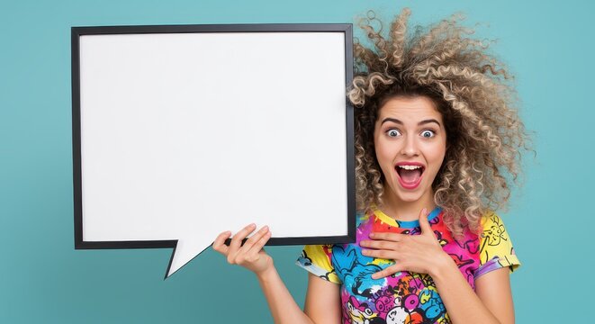 Excited Expression: A cheerful woman holds a blank speech bubble against a colorful background, capturing the essence of surprise, delight, and anticipation.
