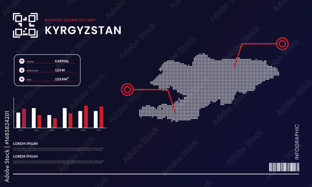 Poster rounded square dot map of kyrgyzstan with infographic presentation template use for design element