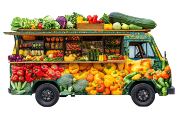Colorful food truck with fresh vegetables and produce on display, ready to serve