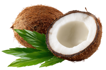 Two coconuts, one whole and one halved, with fresh green leaves