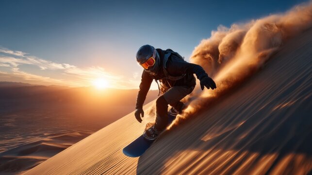 Adventurous sandboarder descending vast dune at sunrise, capturing the thrill and energy of extreme sports.