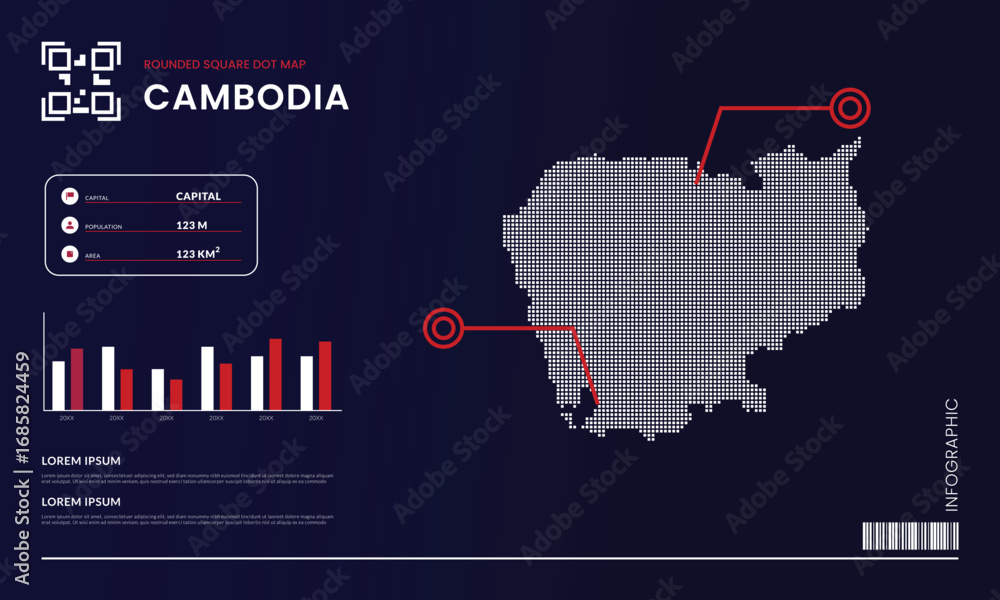 Aufkleber rounded square dot map of cambodia with infographic presentation template use for design element