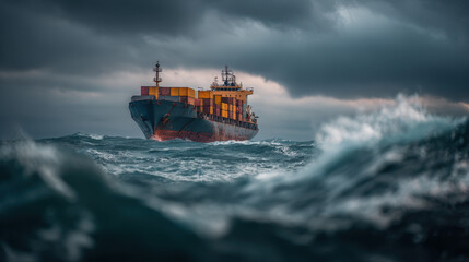 Cargo ship navigating rough seas ocean waters maritime photography stormy environment dramatic viewpoint adventure concept