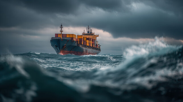 Cargo ship navigating rough seas ocean waters maritime photography stormy environment dramatic viewpoint adventure concept