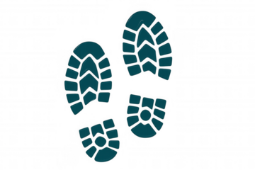 Teal hiking boot prints are leaving footprints on a transparent background, creating a concept of journey and exploration