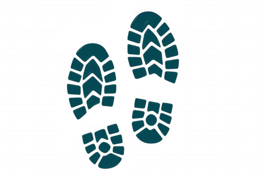 Teal hiking boot prints are leaving footprints on a transparent background, creating a concept of journey and exploration