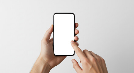 Hands holding modern smartphone with blank screen, ready for your content
