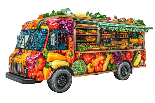 Colorful food truck with fresh vegetables and produce on display, ready to serve