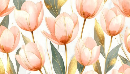 Delicate blush pink tulips with gold accents on white