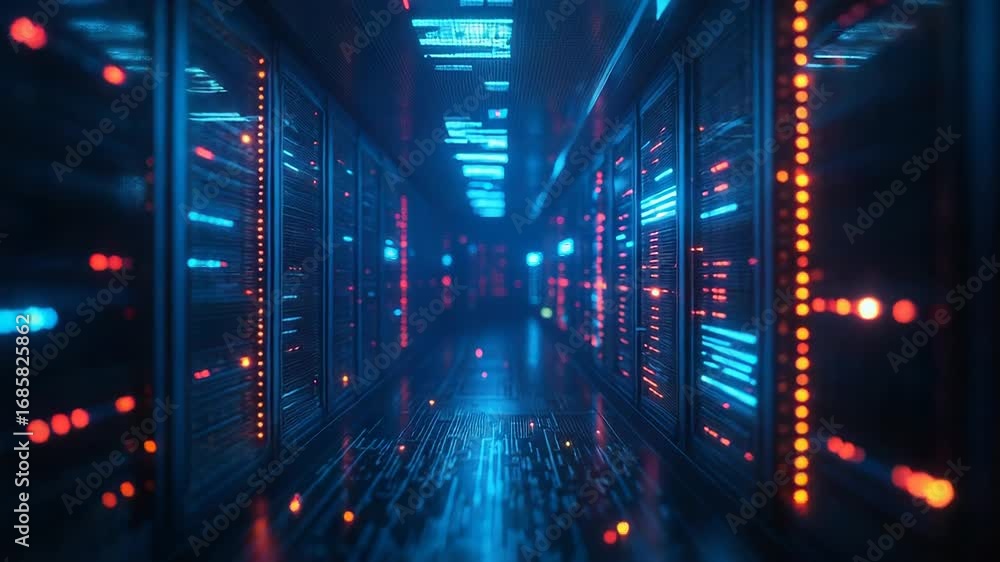 Poster server room blinking lights showing data processing and cloud computing