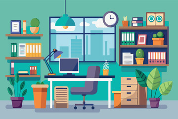 Bright and modern home office space design featuring plants and organized shelves