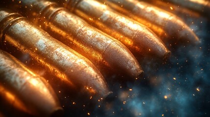 Close-up of brass bullet casings in a line on a dark surface