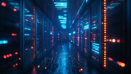 Server room blinking lights showing data processing and cloud computing - Powered by Adobe