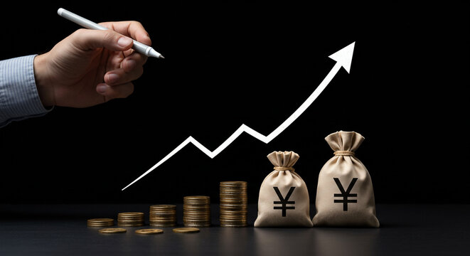 Hand draws upward financial graph showing Yen currency growth with stacked coins and money bags