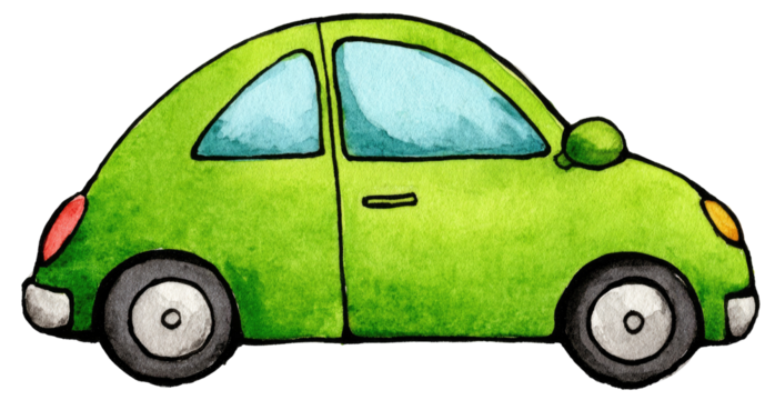 Vibrant green cartoon car, watercolor style.  Side view, simple design