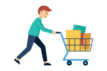 Happy shopper pushing cart filled with colorful packages in a grocery store setting