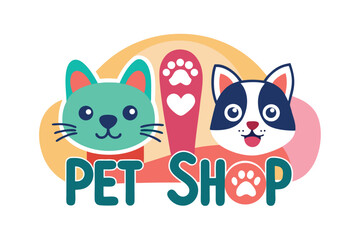 Colorful pet shop logo featuring a cat and dog with playful designs