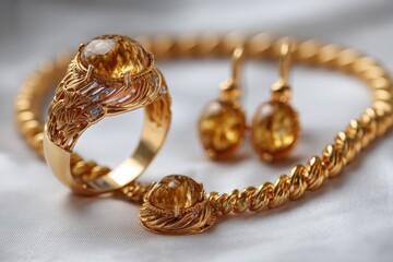 Naklejka premium Elegant golden jewellery set featuring intricate designs and shimmering accents on a clean white background for a sophisticated look