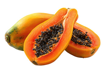Two halves of a papaya, displaying the vibrant orange-yellow flesh and dark seeds