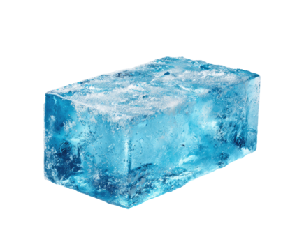 A rectangular block of clear, light-blue ice.  Frost forms a textured surface