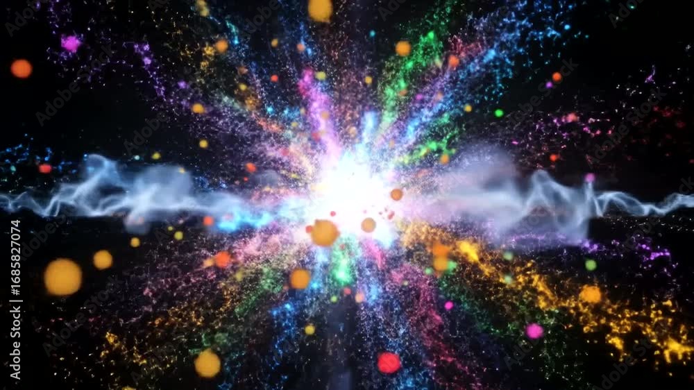 Poster spectacular colorful explosion with energy beam: an abstract and dynamic animation, ideal for