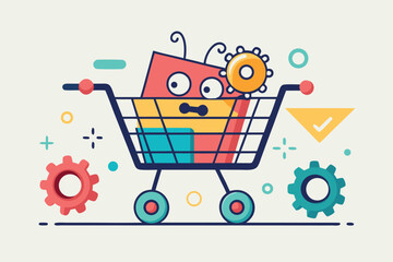 Shopping cart with colorful characters and gears in a playful design