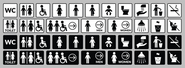 WC icons set with restroom, man, woman, handicapped, mother with baby, shower, trash, and no smoking symbols.