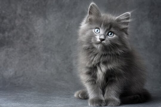 Fluffy gray kitten gazing curiously on a neutral gray background during a calm afternoon