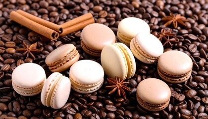 Assorted macarons on roasted coffee beans with cinnamon sticks and star anise spices