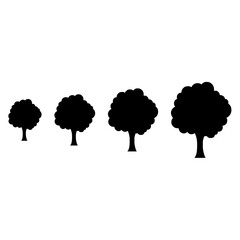 A simple vector illustration of four tree silhouettes depicting growth stages from small to large, isolated on a white background. Ideal for nature and environmental themes.