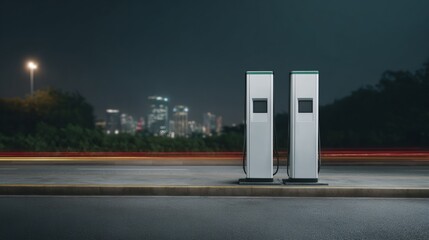 Two electric charging stations are on the side of a road in a city
