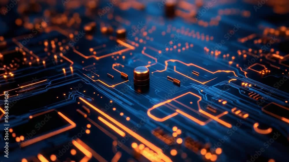 Poster electronic circuit board showing data flowing through integrated circuits