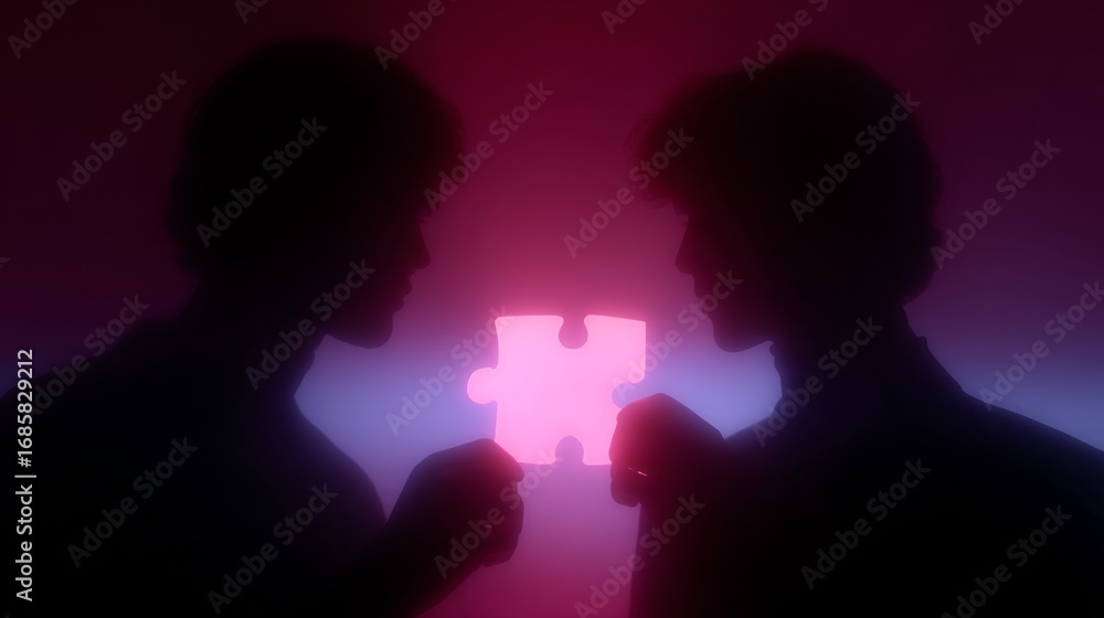 Poster two silhouettes engaging in a puzzle piece connection. the vibrant colors create a dramatic atmosphe