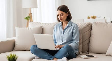 Young woman sitting crosslegged on a comfortable sofa at home, working on her laptop with a focused expression