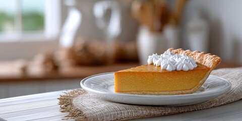 watercolor pumpkin pie, watercolor painting of a pumpkin pie slice on a plate with vibrant gradients, soft edges, and rich orange and cinnamon tones, set in a cozy kitchen scene