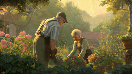 Senior couple gardening together, rosy afternoon light, rich detail