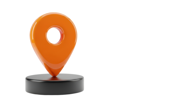 Isolated orange location pin on a dark gray cylindrical stand with gloss, minimal design