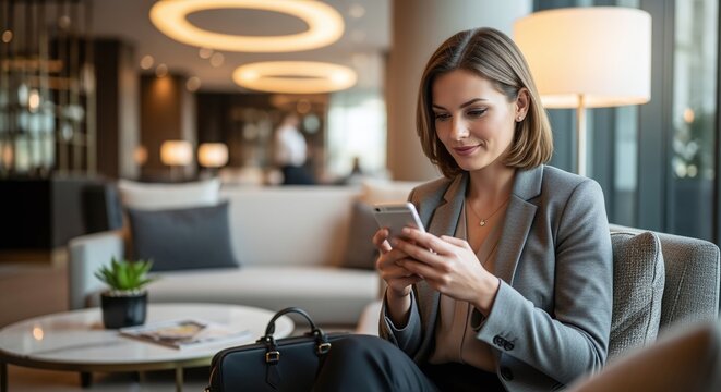 A professional businesswoman in a grey suit sits in a modern hotel lobby, looking at her smartphone with a focused expression