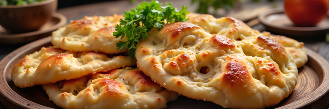 Freshly baked khobz served on wooden platter with herbs and apples  