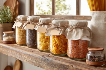 Rustic kitchen jars with pasta and grains