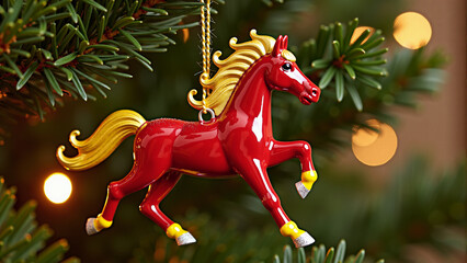 Christmas tree toy in the form of a red horse with a golden mane on a Christmas tree branch. Copy space. AI generative.