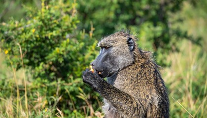 Close-up of a baboon in profile, with a thoughtful expression,  eating fruit amidst a vibrant green foliage setting.