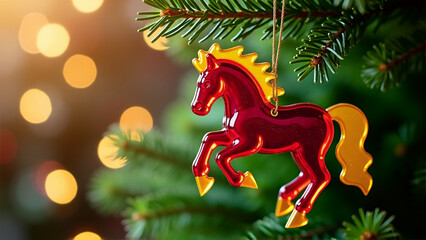 Christmas tree toy - fire horse on a Christmas tree branch. Lights in the background. Copy space. AI generative.