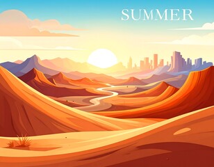Desert landscape at sunrise with city in the distance