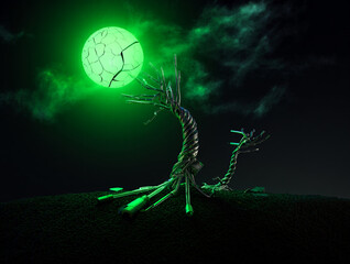 Glowing green cracked moon over metallic twisted tree