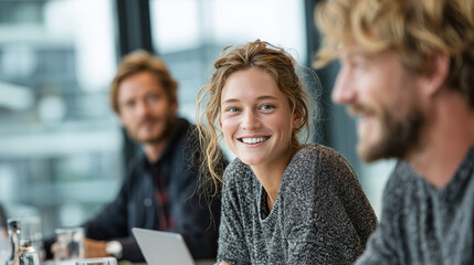 Fototapeta premium Young woman smiling at colleagues during a casual office meeting.