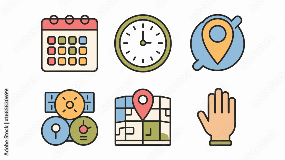 Aufkleber flat vector icon set for event planning with calendar clock pin and rsvp
