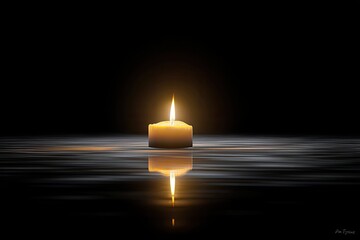 Single candle flame reflecting on still water