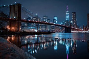 Naklejka premium New York City skyline at night showcasing the Brooklyn Bridge and vibrant reflections on water
