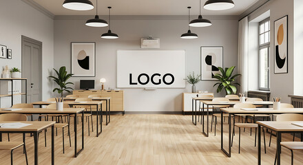 Classroom with desks and chairs and a whiteboard with logo in the middle of the room view ai generated